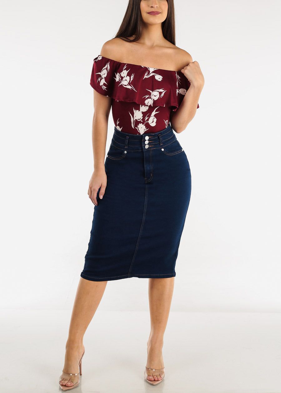 High Waist 3 Button Dark Blue Denim Pencil Skirt sold by Moda product image thumbnail 2