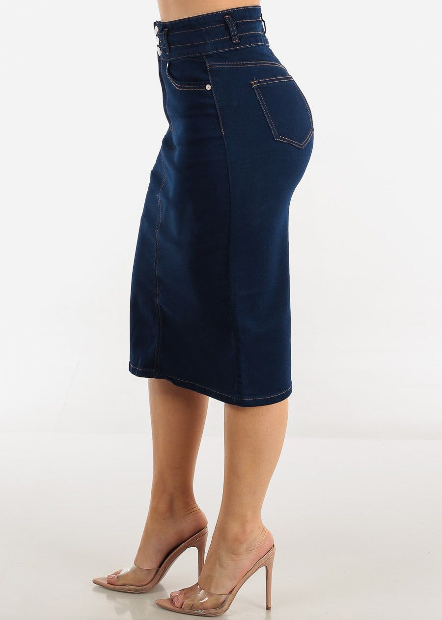 High Waist 3 Button Dark Blue Denim Pencil Skirt sold by Moda product image thumbnail 3