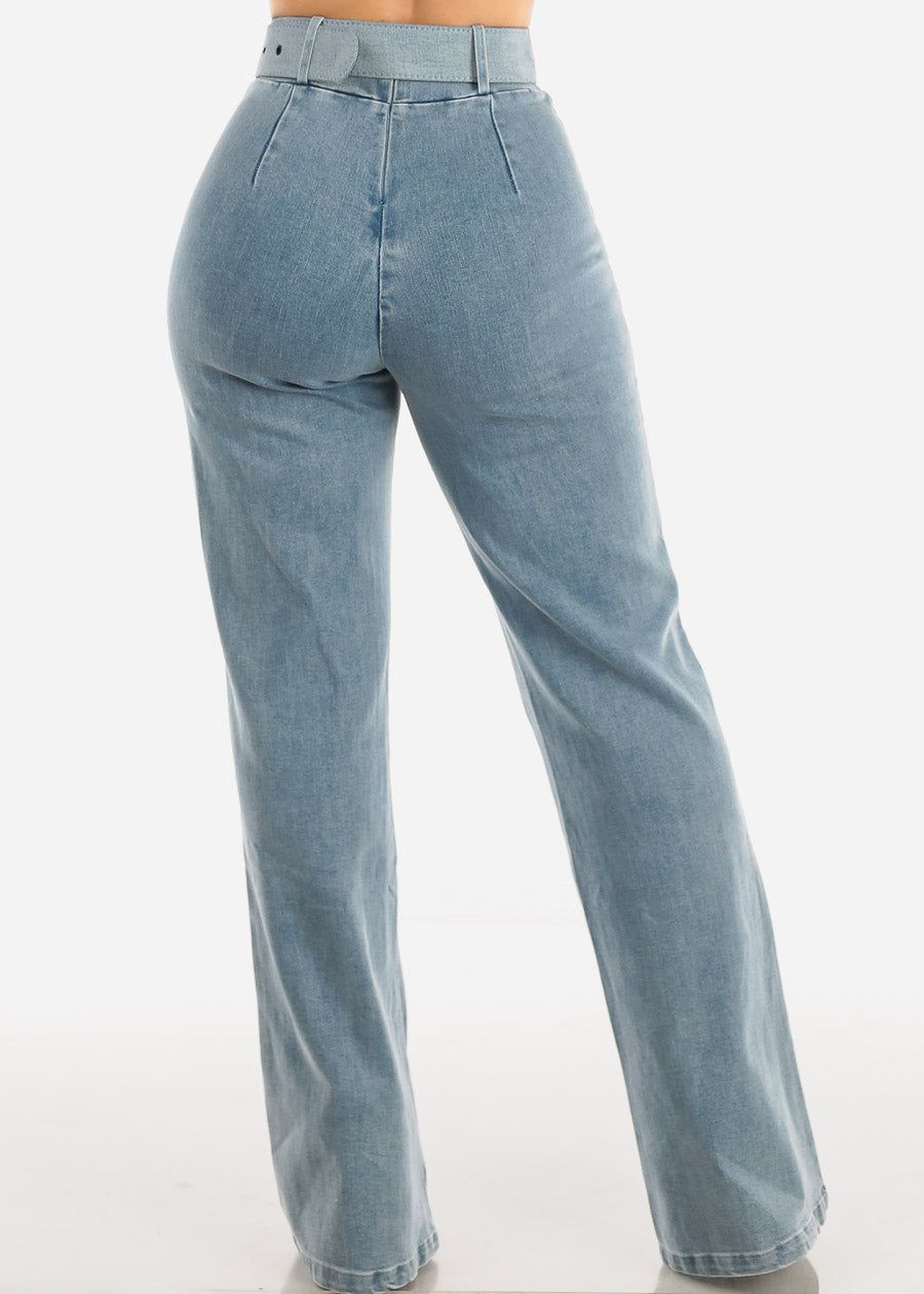 High Waist Denim Stretch Wide Leg Pants Acid Wash w Belt sold by Moda product image thumbnail 3