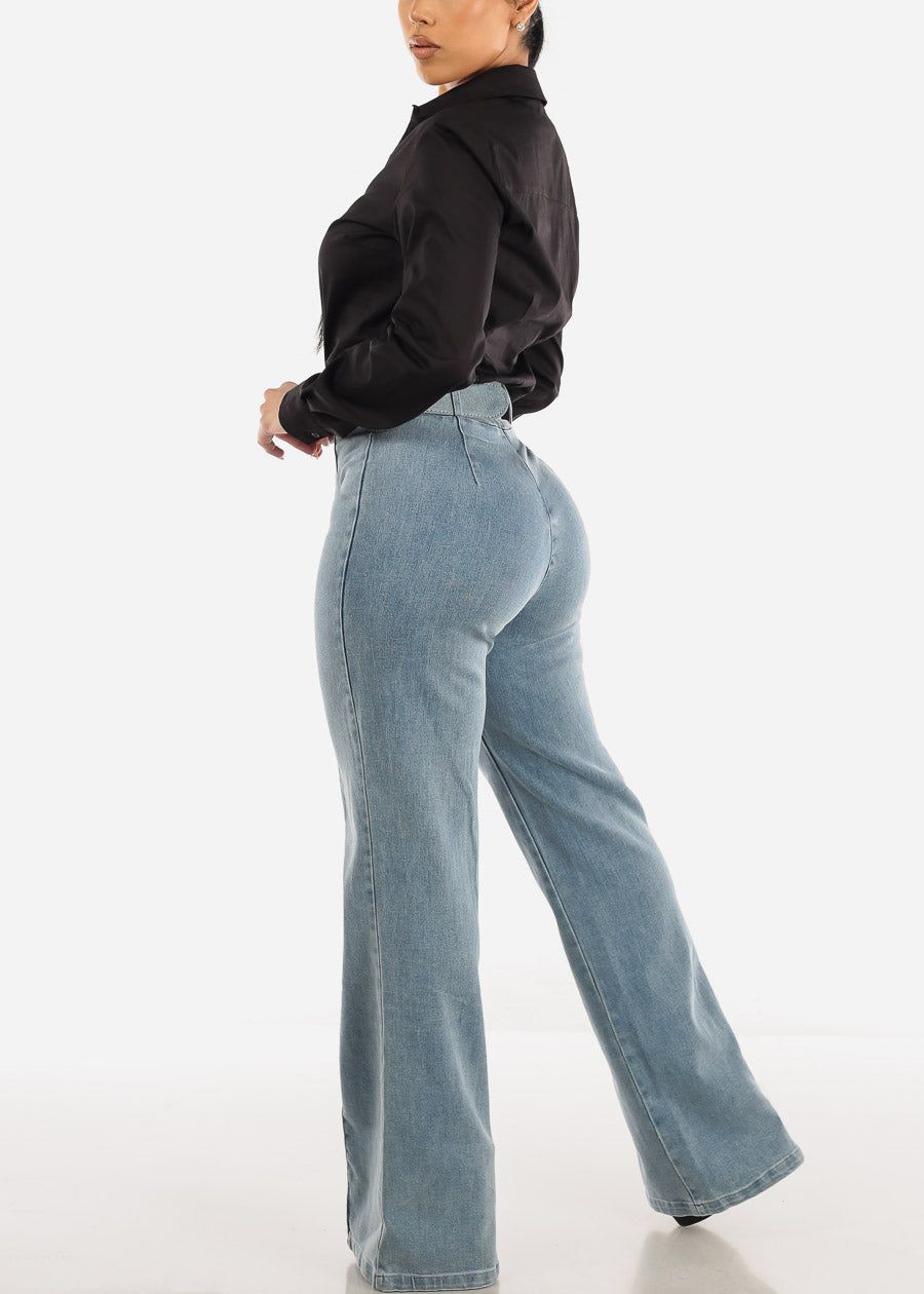 High Waist Denim Stretch Wide Leg Pants Acid Wash w Belt sold by Moda product image thumbnail 5