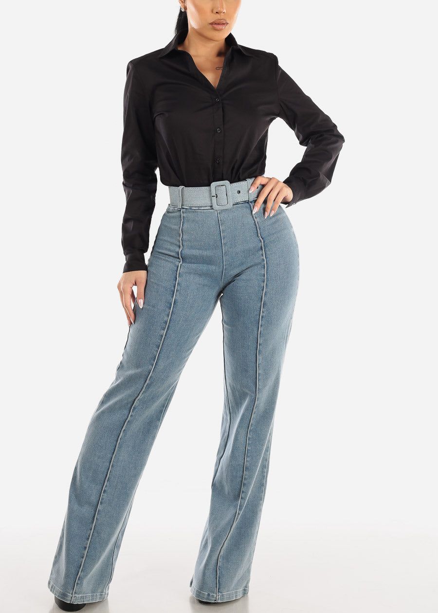 High Waist Denim Stretch Wide Leg Pants Acid Wash w Belt sold by Moda product image thumbnail 4