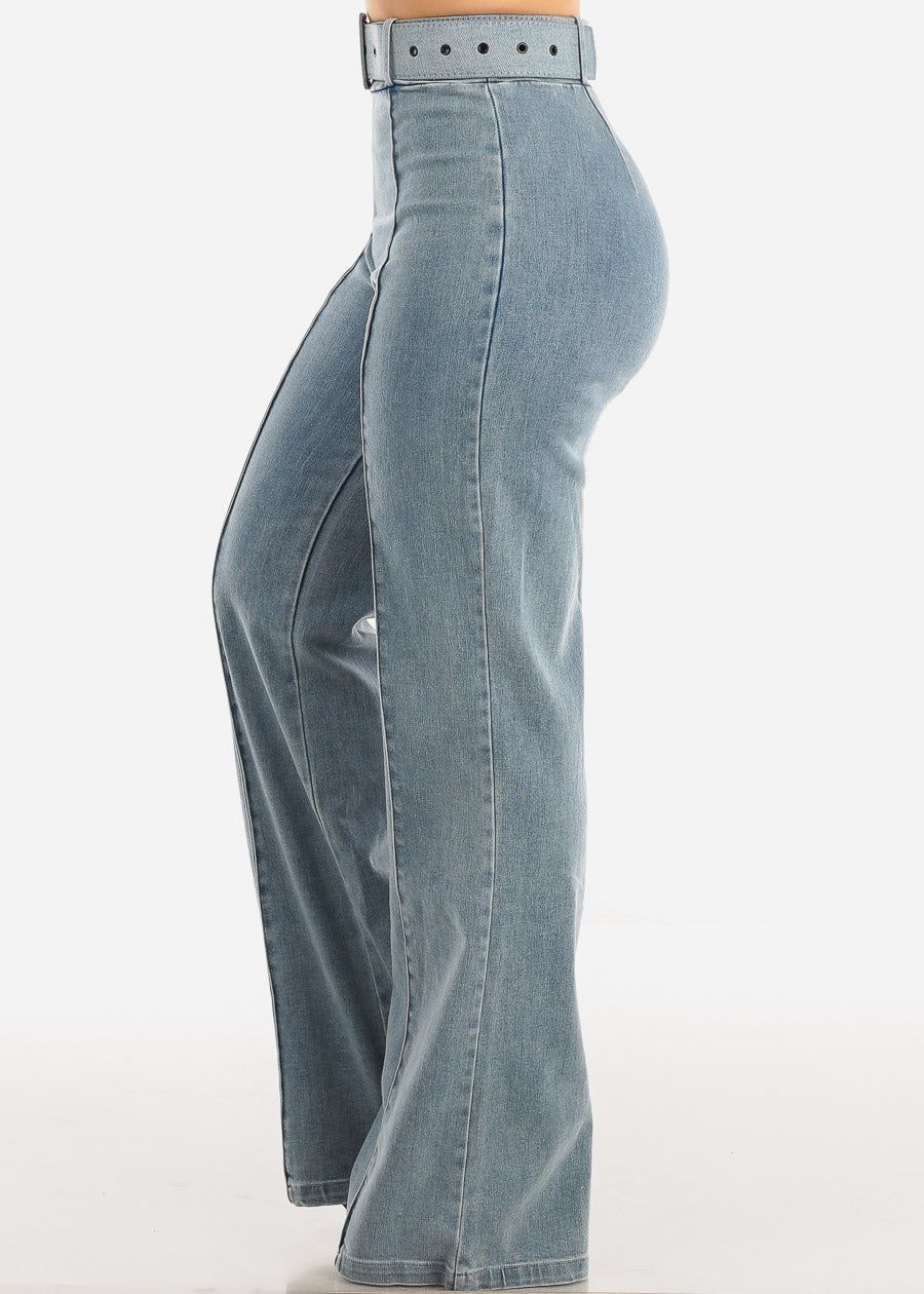 High Waist Denim Stretch Wide Leg Pants Acid Wash w Belt sold by Moda product image thumbnail 2