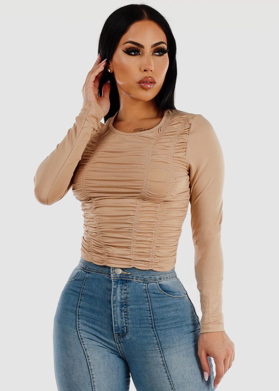 Long Sleeve Front Ruched Fitted Top Nude sold by Moda