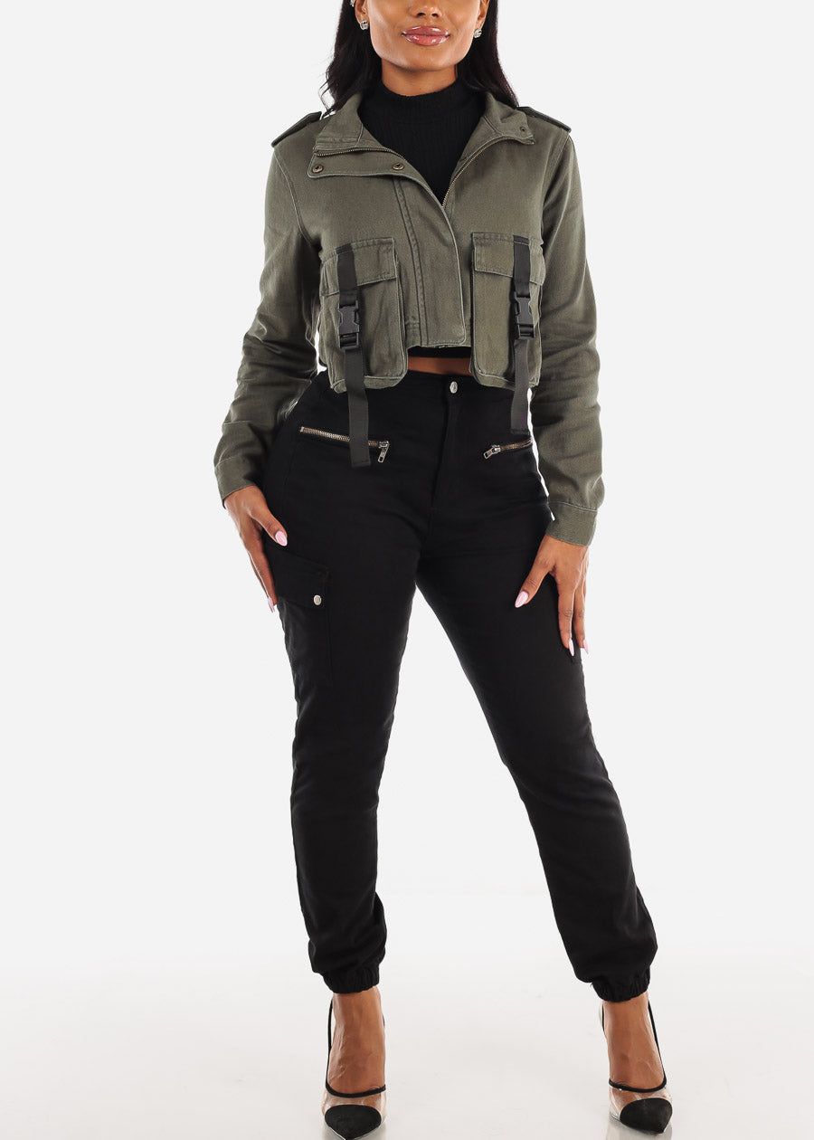 Long Sleeve Cropped Cotton Twill Cargo Jacket Olive sold by Moda product image thumbnail 4