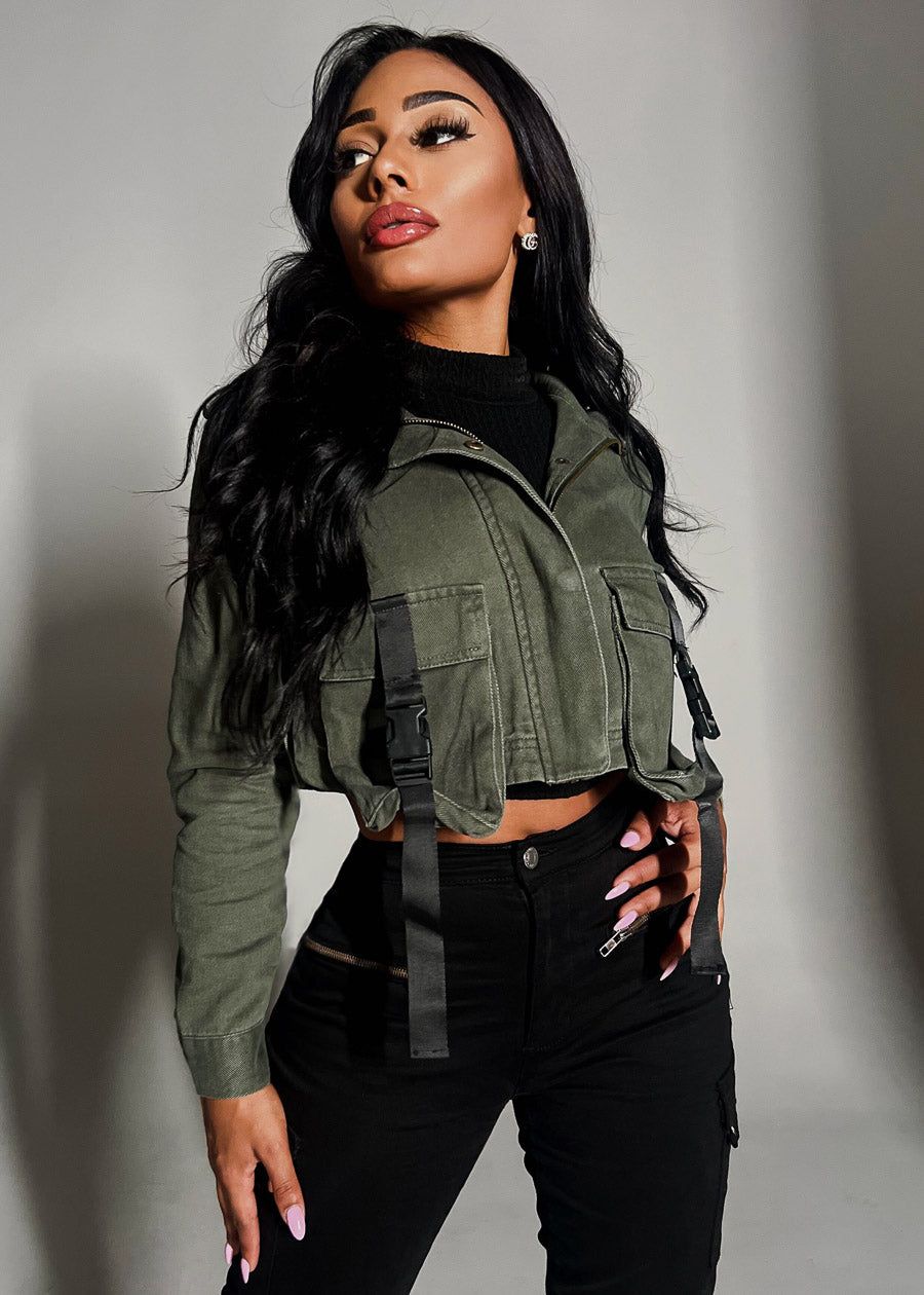 Long Sleeve Cropped Cotton Twill Cargo Jacket Olive sold by Moda