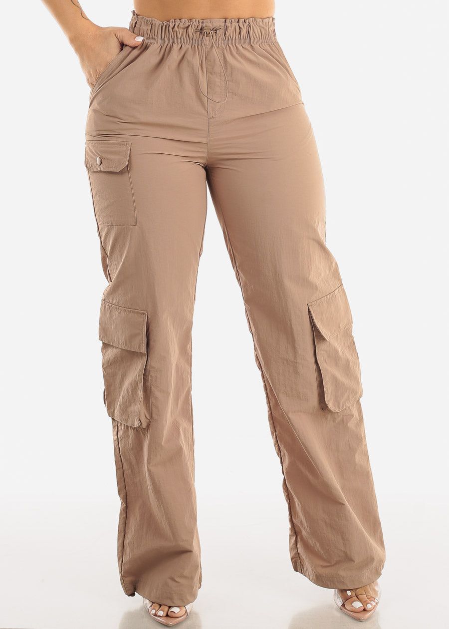 Lightweight High Waisted Parachute Cargo Pants Taupe sold by Moda