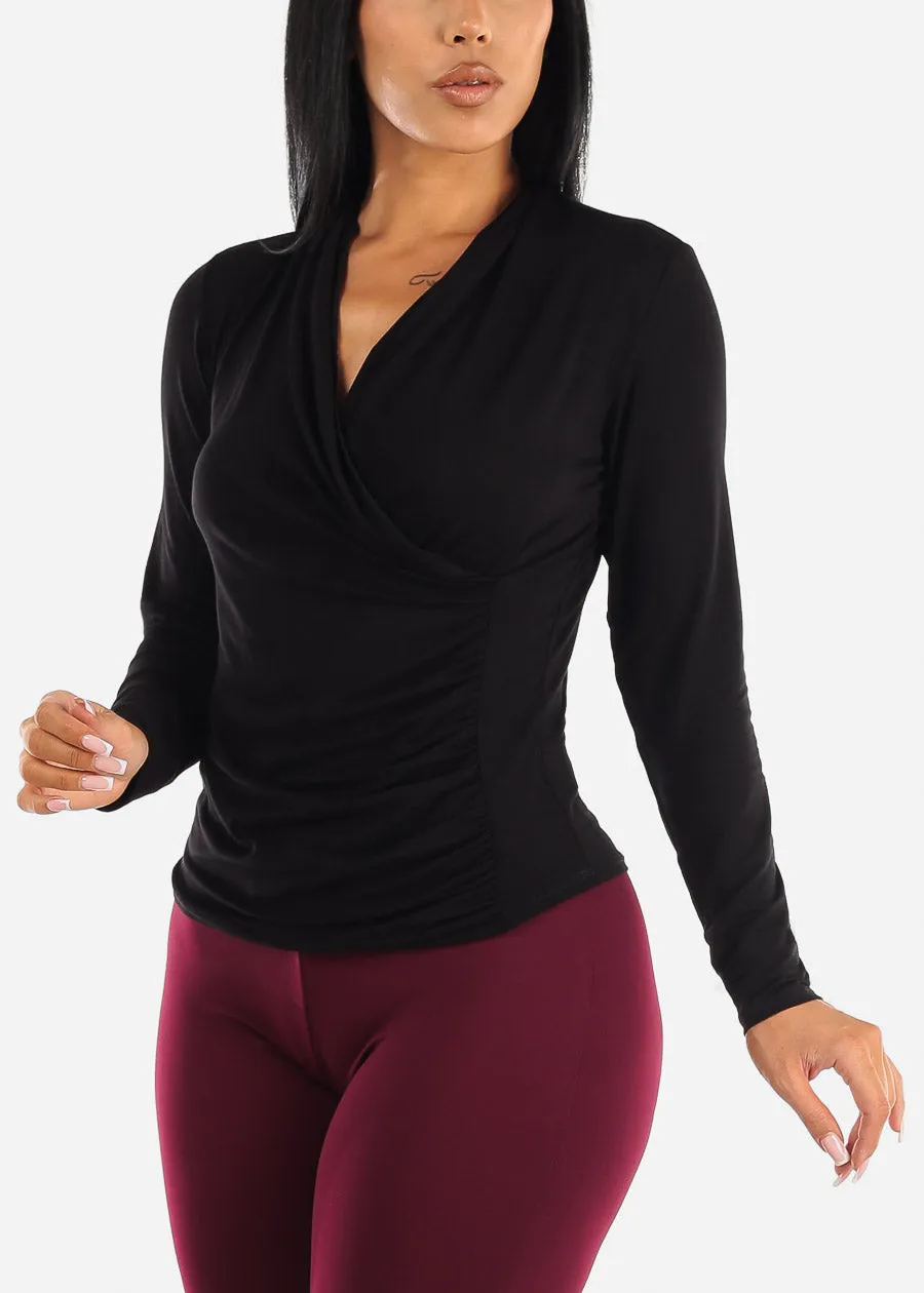 Long Sleeve Surplice Black Stretch Blouse sold by Moda