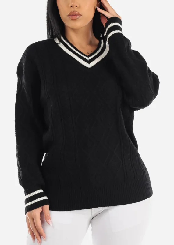Long Sleeve Cable Knit Black V Neck Sweater sold by Moda