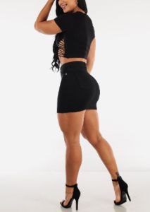 High Waisted Denim Mini Skirt Black sold by Moda
