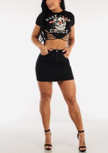 High Waisted Denim Mini Skirt Black sold by Moda