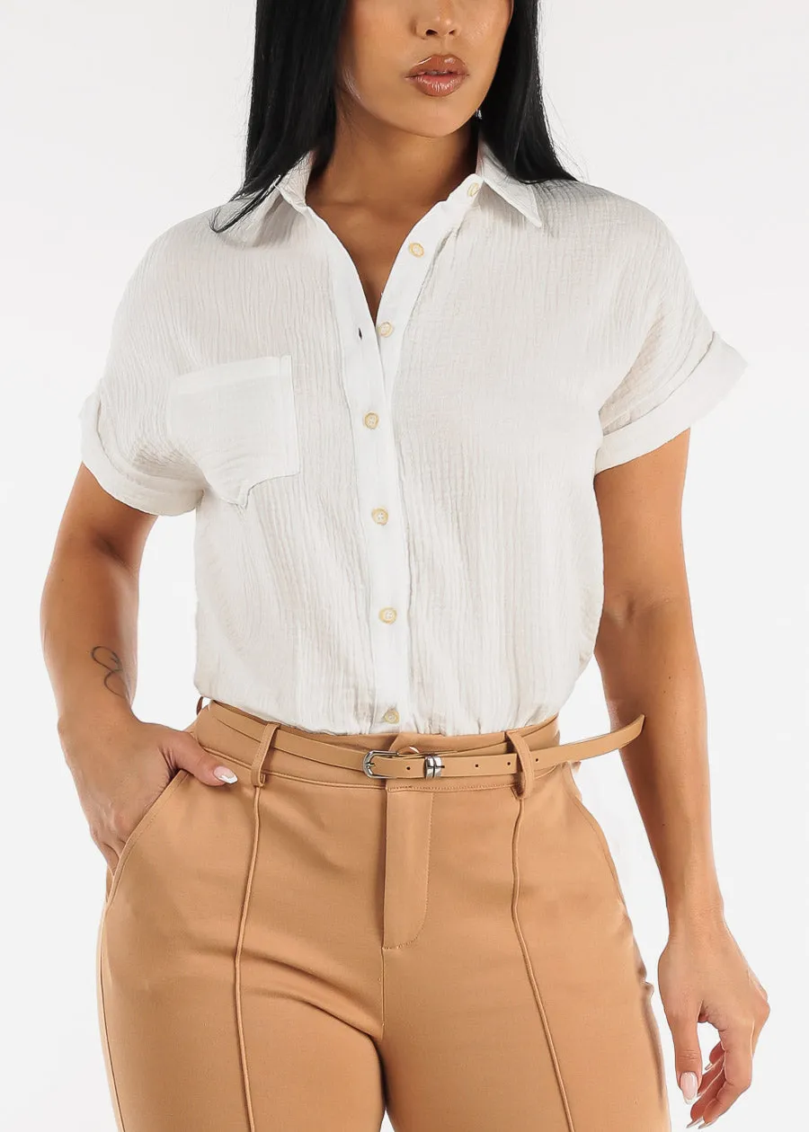 White Short Cap Sleeve Button Up Cotton Shirt sold by Moda