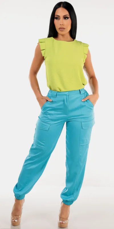 Aqua Satin Cargo Jogger Look sold by Moda