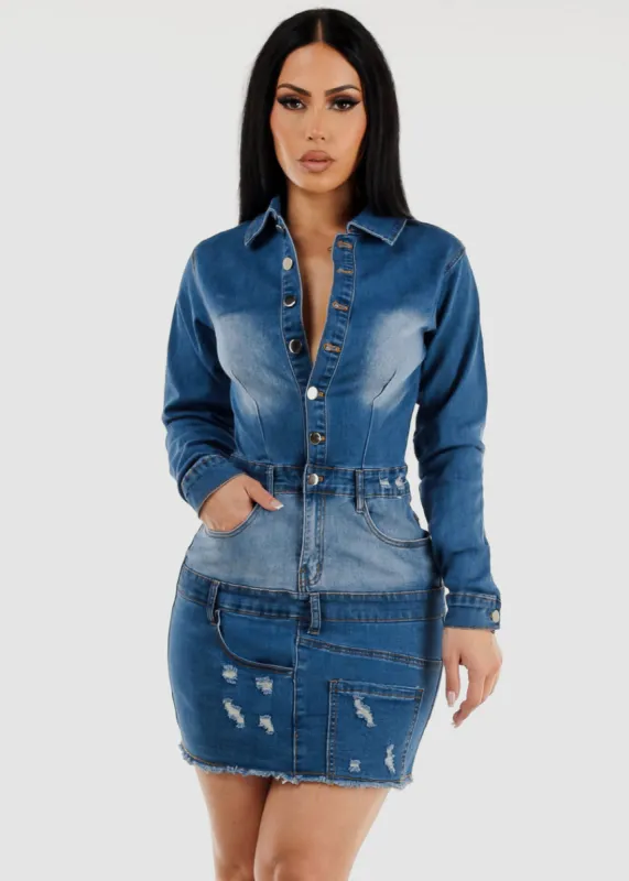 Long Sleeve Button Up Ripped Denim Mini Dress sold by Moda