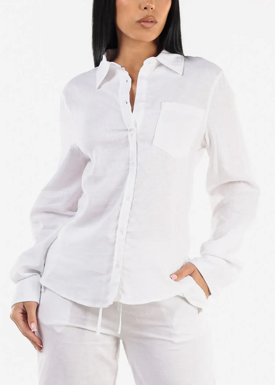 White Linen Long Sleeve Button Up Shirt sold by Moda