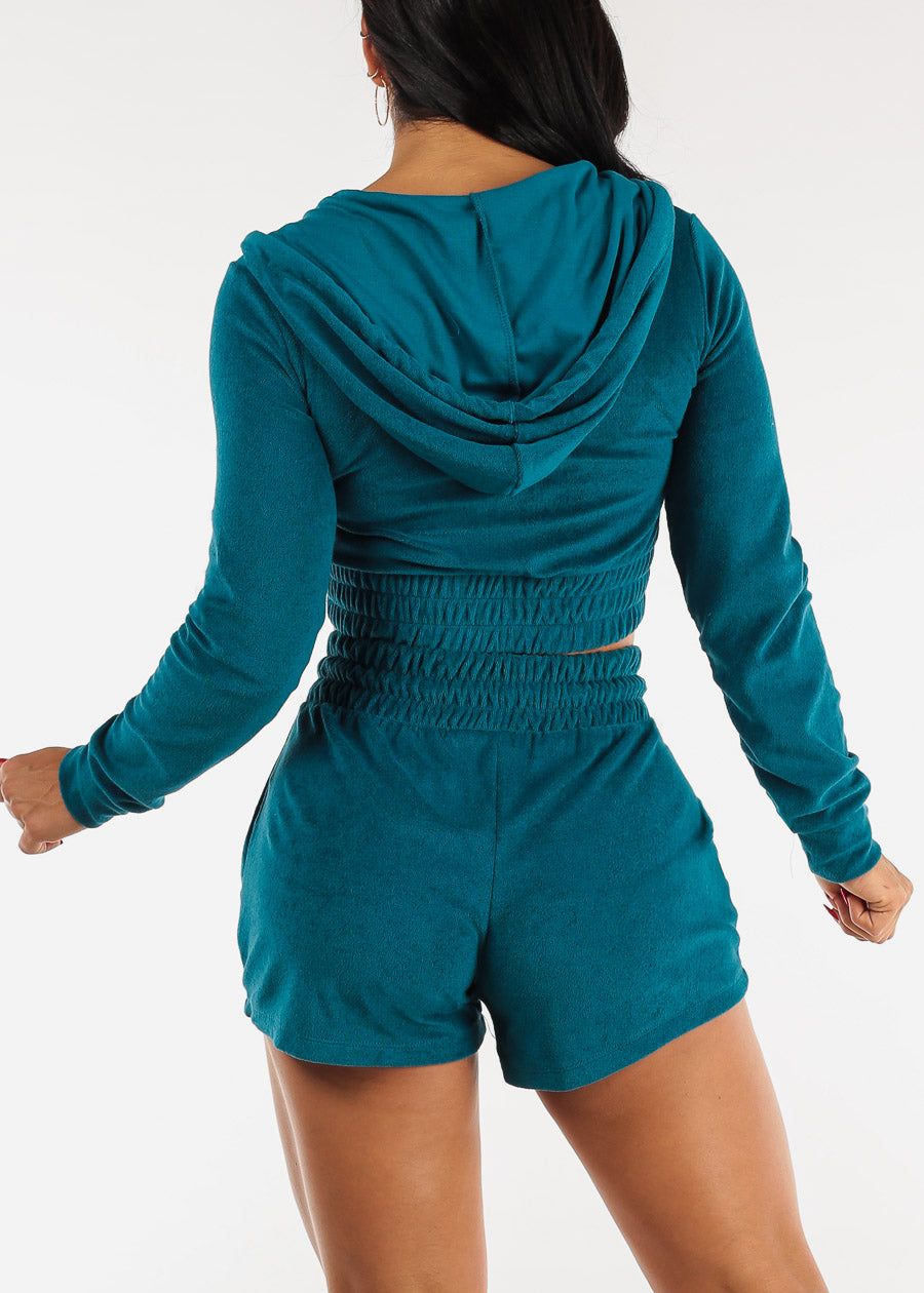 Terry Zip Up Cropped Hoodie & Shorts Neon Teal (2 PCE SET) sold by Moda product image thumbnail 4