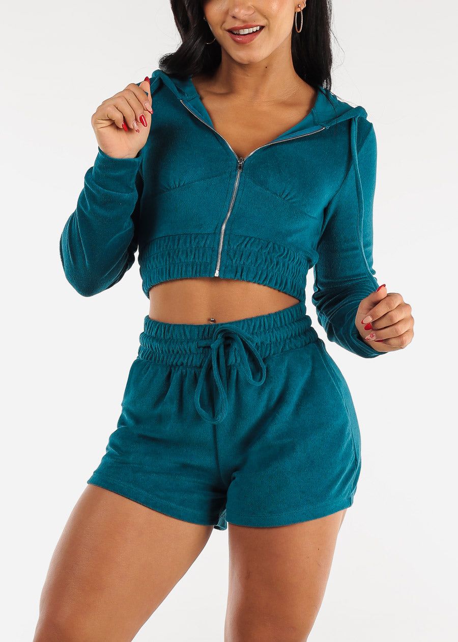 Terry Zip Up Cropped Hoodie & Shorts Neon Teal (2 PCE SET) sold by Moda