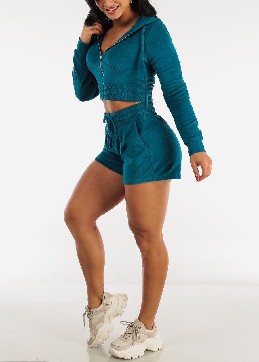 Terry Zip Up Cropped Hoodie & Shorts Neon Teal (2 PCE SET) sold by Moda product image thumbnail 2