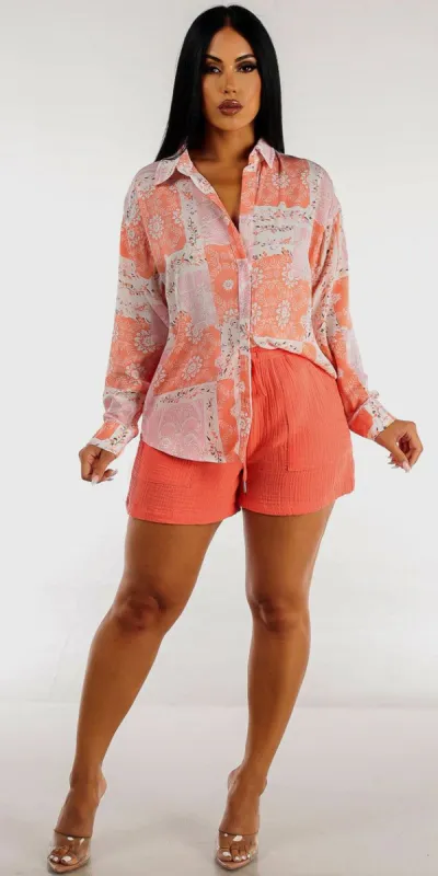 Drawstring Waist Coral Cotton Shorts with Floral Long Sleeve Pink Button Up Shirt sold by Moda