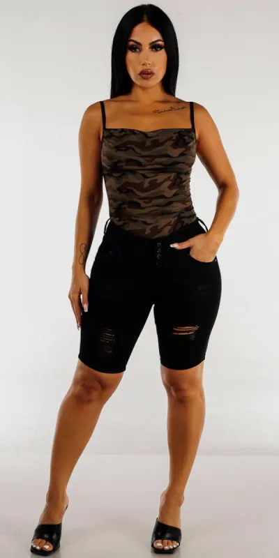 Ripped Levantacola Black Denim Bermuda Shorts with Sleeveless Camouflage Bodysuit sold by Moda