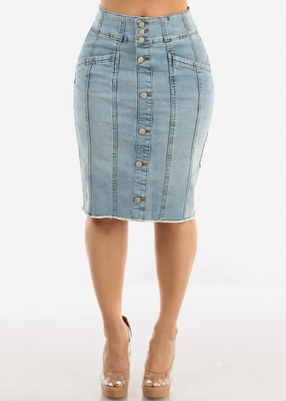 Button Up Denim Fringe Hem Pencil Skirt Light Wash sold by Moda