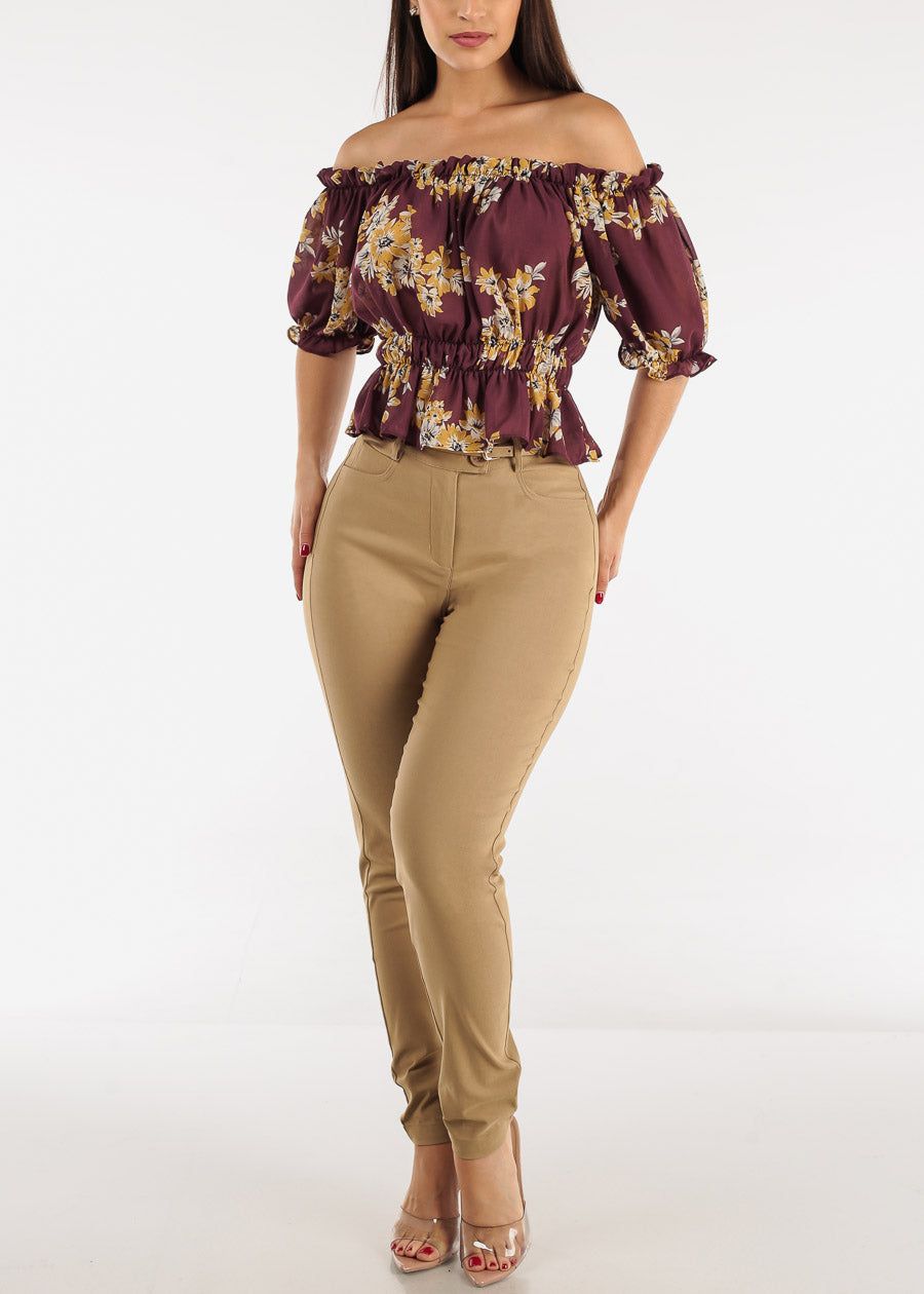 Chiffon Off Shoulder Floral Crop Top Wine sold by Moda product image thumbnail 2