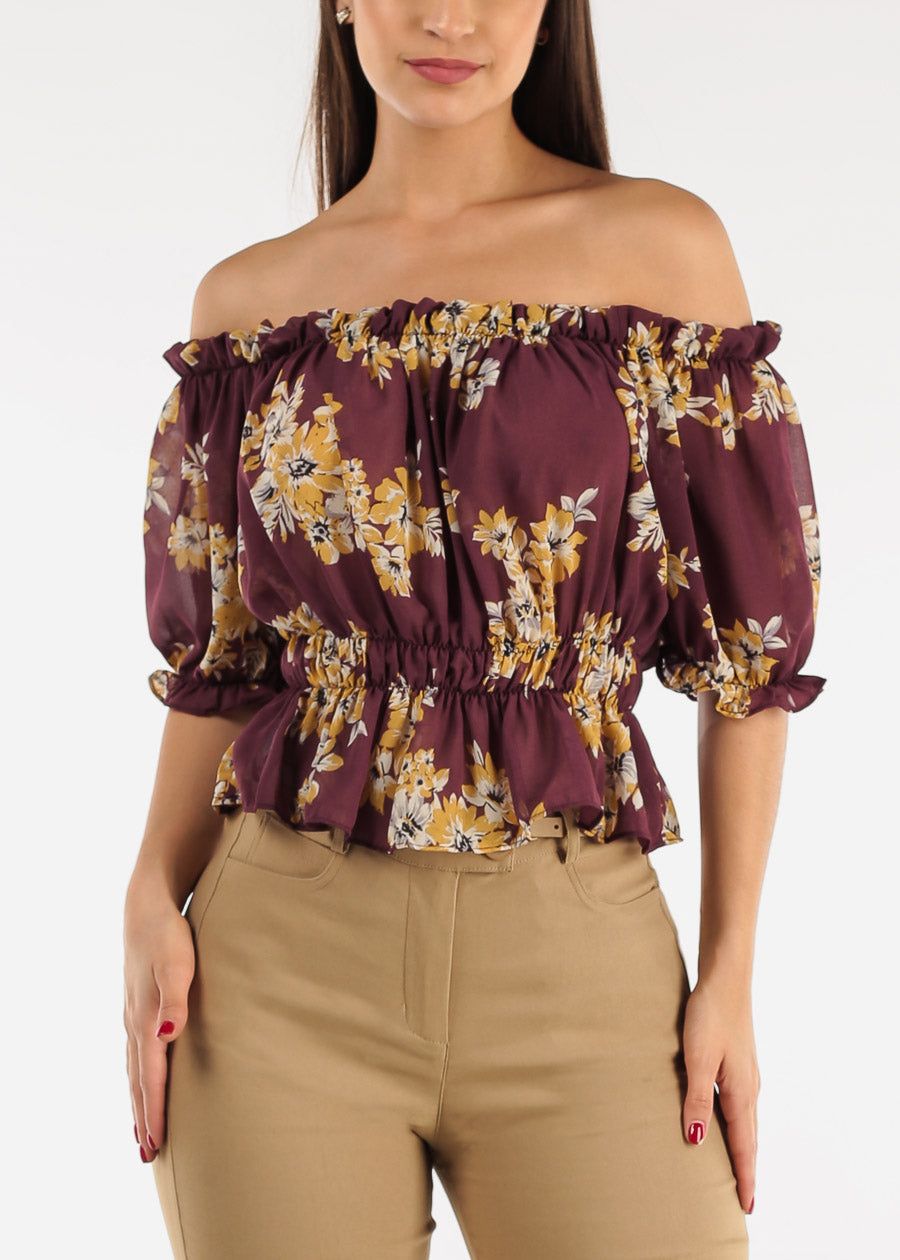 Chiffon Off Shoulder Floral Crop Top Wine sold by Moda
