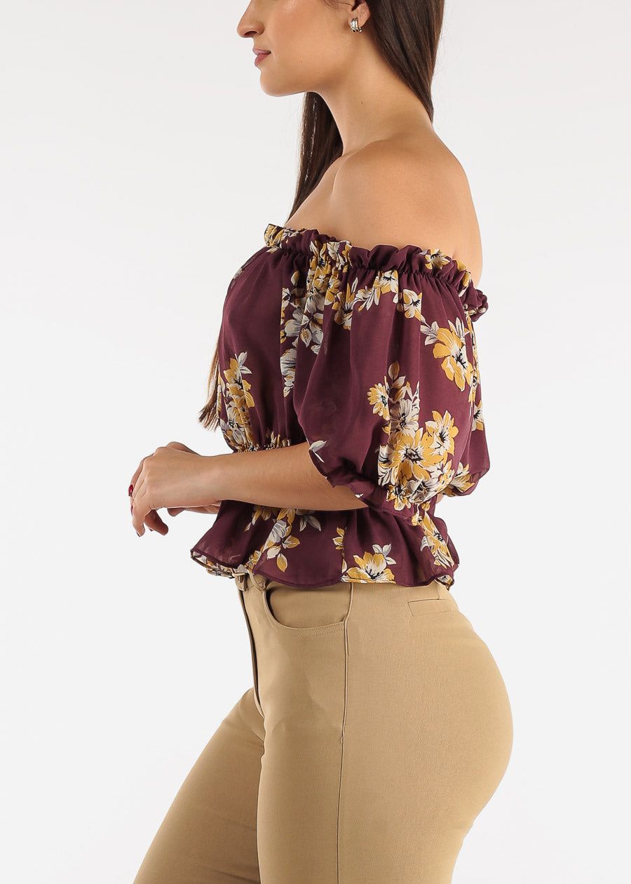 Chiffon Off Shoulder Floral Crop Top Wine sold by Moda product image thumbnail 3