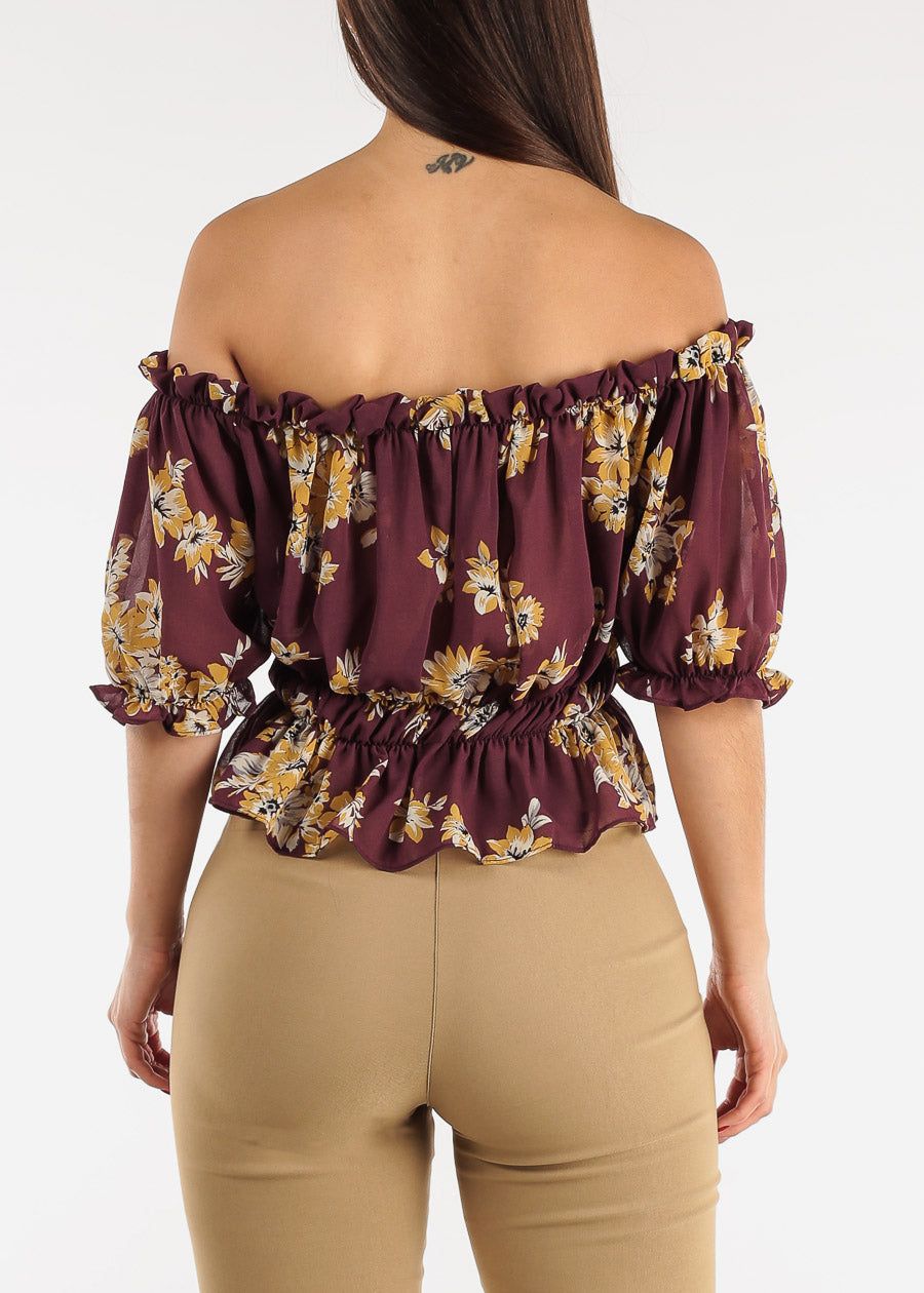 Chiffon Off Shoulder Floral Crop Top Wine sold by Moda product image thumbnail 4