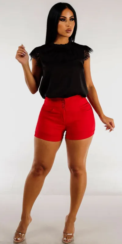 Red High Waist Cuffed Dressy Shorts with Black Short Sleeve Satin Blouse sold by Moda