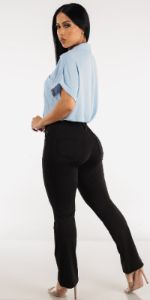 High Waisted Black Bootcut Dressy Pants with Button Up Light Blue Short Sleeve Shirt sold by Moda