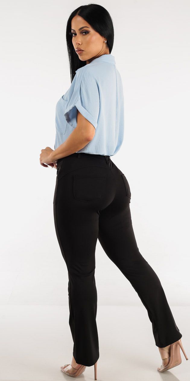 High Waisted Black Bootcut Dressy Pants with Button Up Light Blue Short Sleeve Shirt sold by Moda product image thumbnail 2