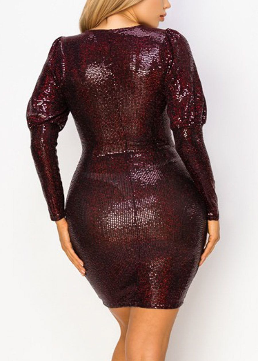 Sexy Metallic Long Sleeve Stretchy Mini Dress Burgundy sold by Moda product image thumbnail 2