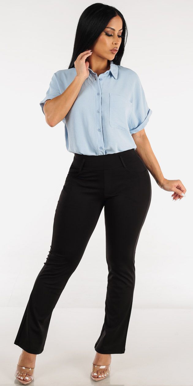 High Waisted Black Bootcut Dressy Pants with Button Up Light Blue Short Sleeve Shirt sold by Moda