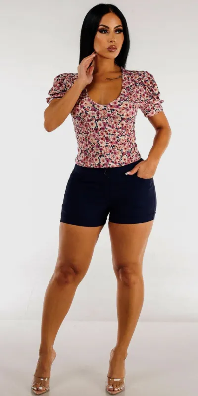 Navy High Waist Cuffed Dressy Shorts with Floral Short Sleeve Vneck Top sold by Moda