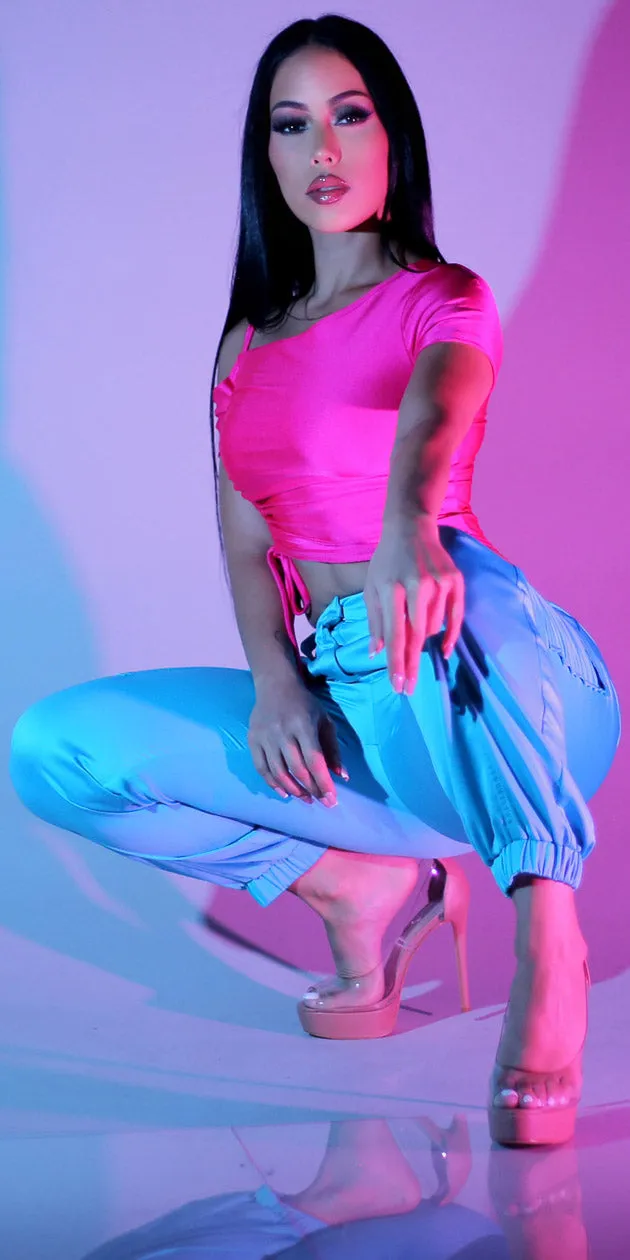 Ruched Satin Cargo Joggers Look sold by Moda