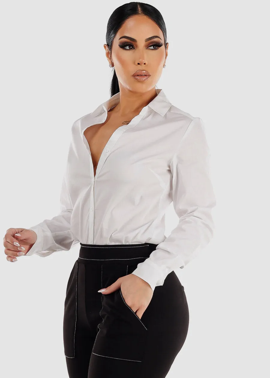 White Long Sleeve Button Down Collared Bodysuit sold by Moda product image thumbnail 5