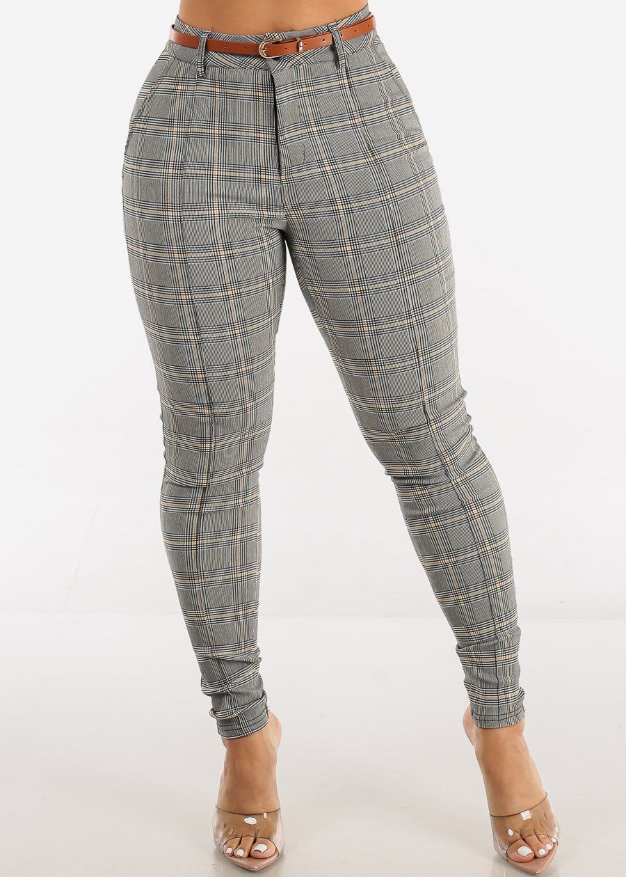 High Waisted Plaid Skinny Pants w Belt sold by Moda