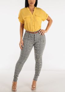 High Waisted Plaid Skinny Pants w Belt sold by Moda