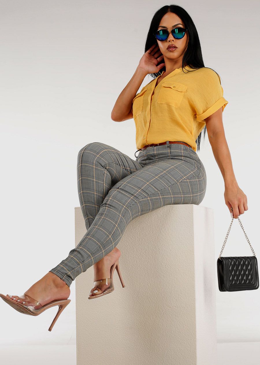 High Waisted Plaid Skinny Pants w Belt sold by Moda product image thumbnail 2