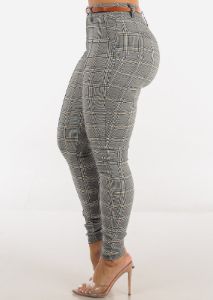 High Waisted Plaid Skinny Pants w Belt sold by Moda