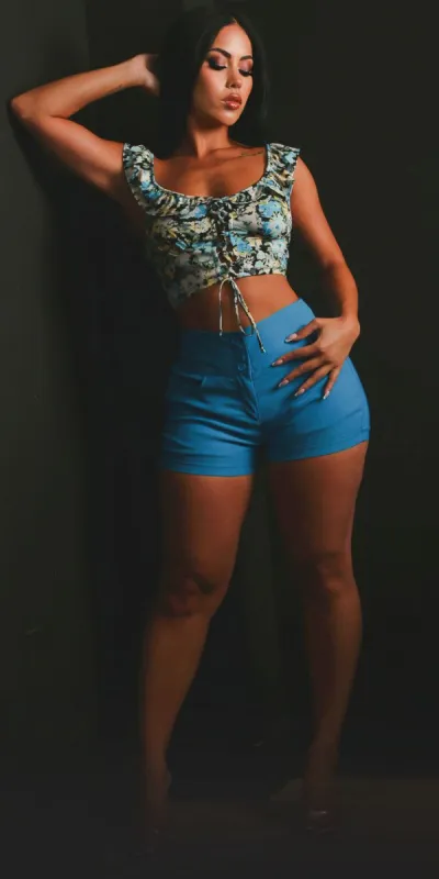 Blue High Waist Cuffed Dressy Shorts with Lace Up Floral Blue Crop Top sold by Moda