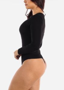 Black Long Sleeve V Neck Thong Bodysuit sold by Moda