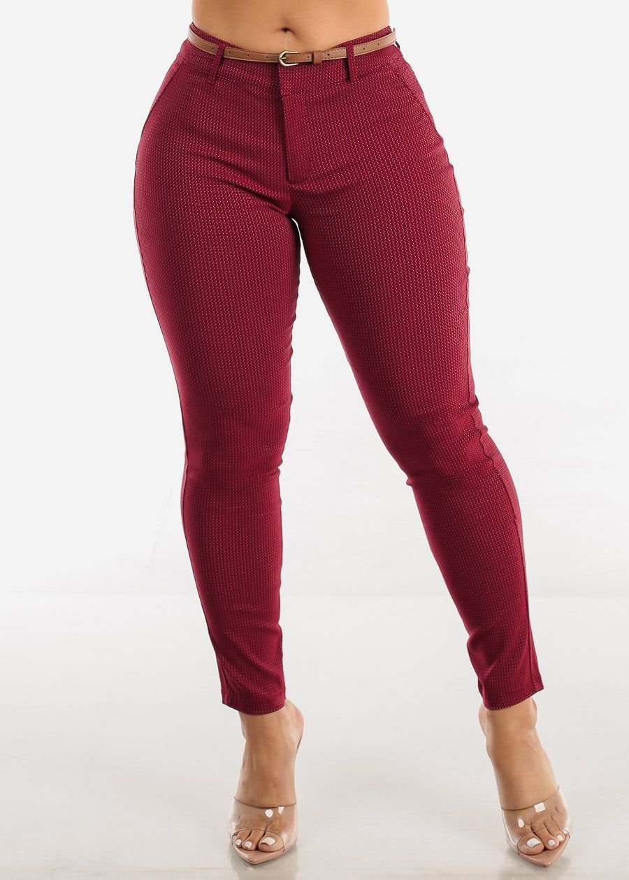 Mid Rise Polka Dot Belted Skinny Pants Burgundy sold by Moda