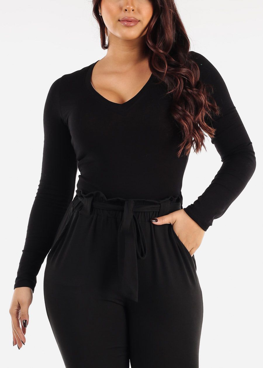 Black Long Sleeve V Neck Thong Bodysuit sold by Moda