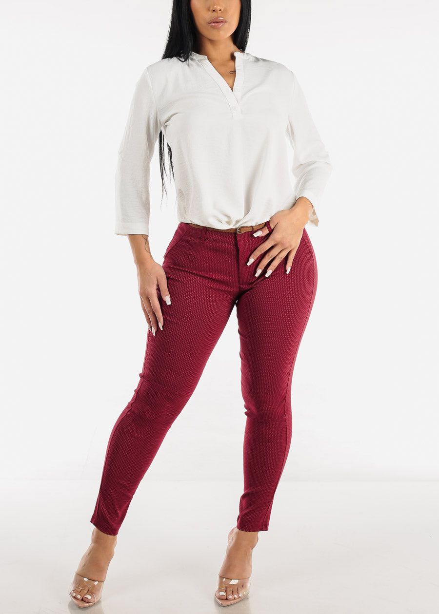 Mid Rise Polka Dot Belted Skinny Pants Burgundy sold by Moda product image thumbnail 2