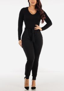 Black Long Sleeve V Neck Thong Bodysuit sold by Moda