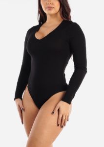 Black Long Sleeve V Neck Thong Bodysuit sold by Moda