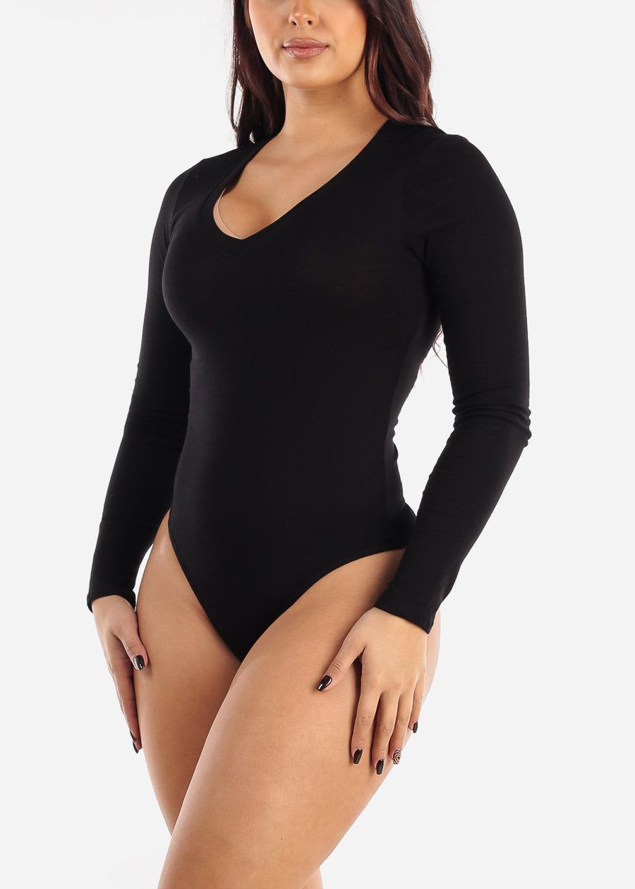 Black Long Sleeve V Neck Thong Bodysuit sold by Moda product image thumbnail 2