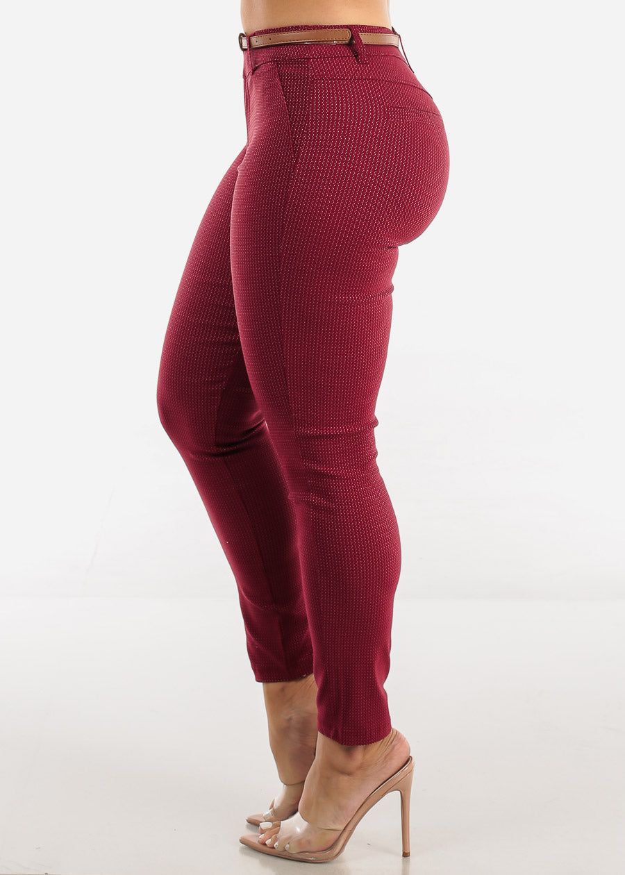 Mid Rise Polka Dot Belted Skinny Pants Burgundy sold by Moda product image thumbnail 3