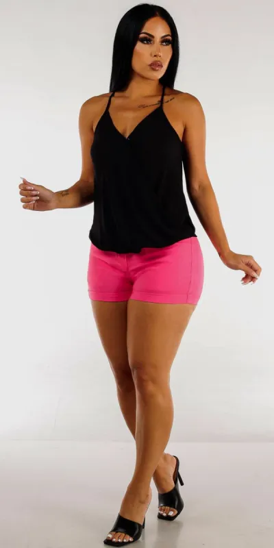 High Waisted Pink Cuffed Dressy Shorts with Black Sleeveless Wrap Front Top sold by Moda